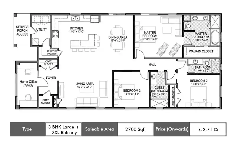 Mana Verdant Terraces 3 BHK Large + XXL Balcony floor plan, 2700 sq ft saleable area