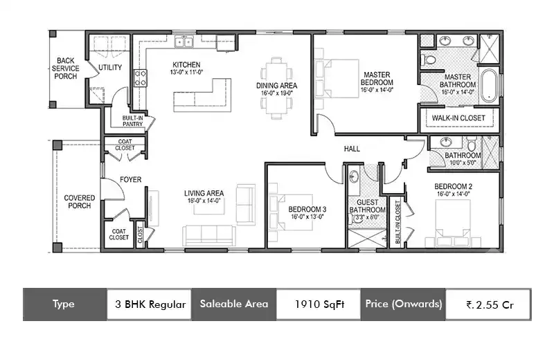 Mana Verdant Terraces 3 BHK Regular floor plan, 1910 sq ft saleable area